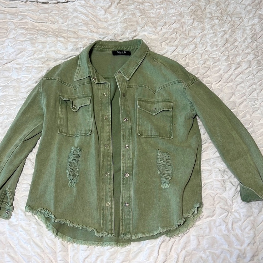 Blue B collection Small sage green denim button down size small.